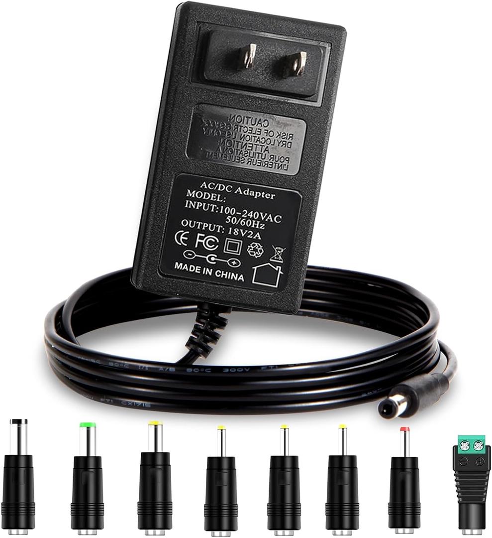 18V 2A Power Supply AC Adapter with 8 Tips, Universal DC in 18 Volt 2 Amp Power Cord, Converter Transformer 100-240v, 50/60HZ, 5.5x2.5mm DC Output Jack, for 18V 1A 1.2A 1.5A 1.7A 1.8A 2A Equipment