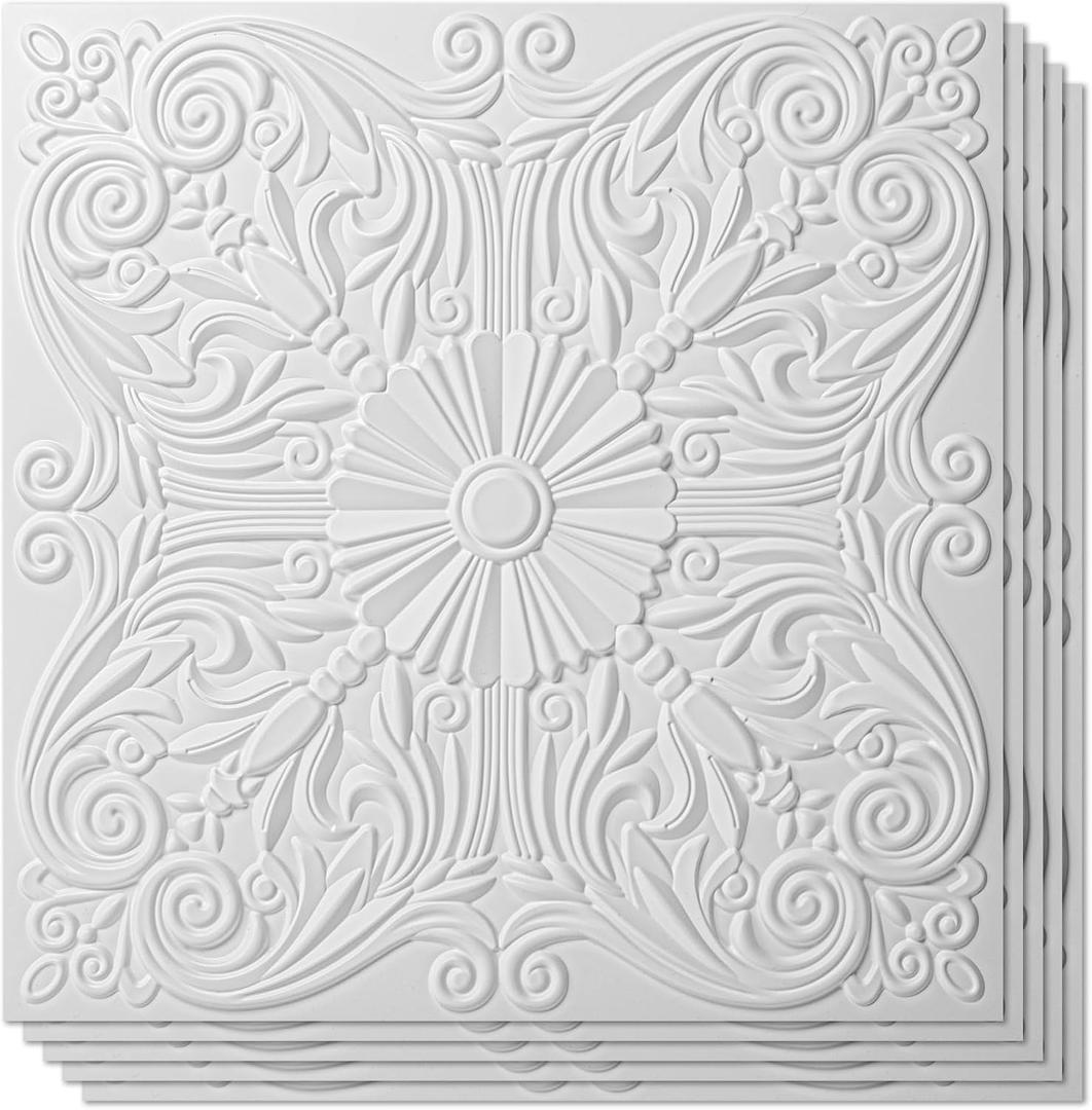 Art3d Decorative Ceiling Tile 2x2 Glue up, Lay in Ceiling Tile 24x24 Pack of 12pcs Spanish Floral in Matt White