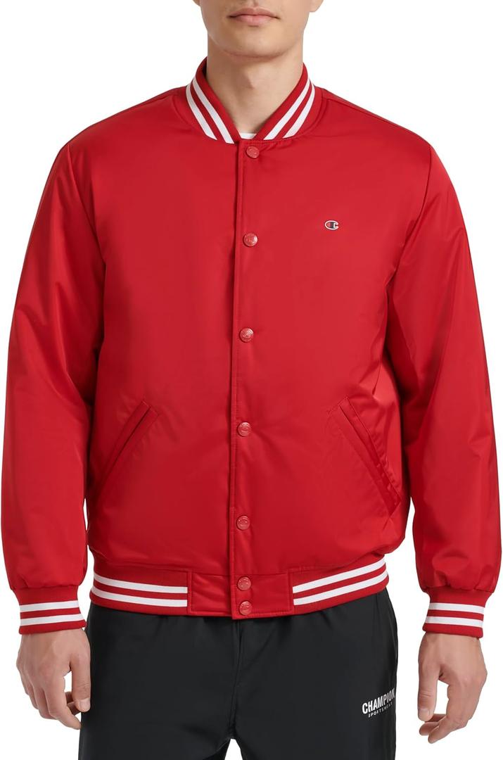 Champion Men's Logo Striped-trim Varsity Jacket (Red, L)