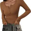 PRETTYGARDEN Women's 2025 Summer Long Sleeve Henley T Shirts Ribbed Knit Button Slim Fitted Basic Casual Going Out Fall Tops (XX-Large, Brown)