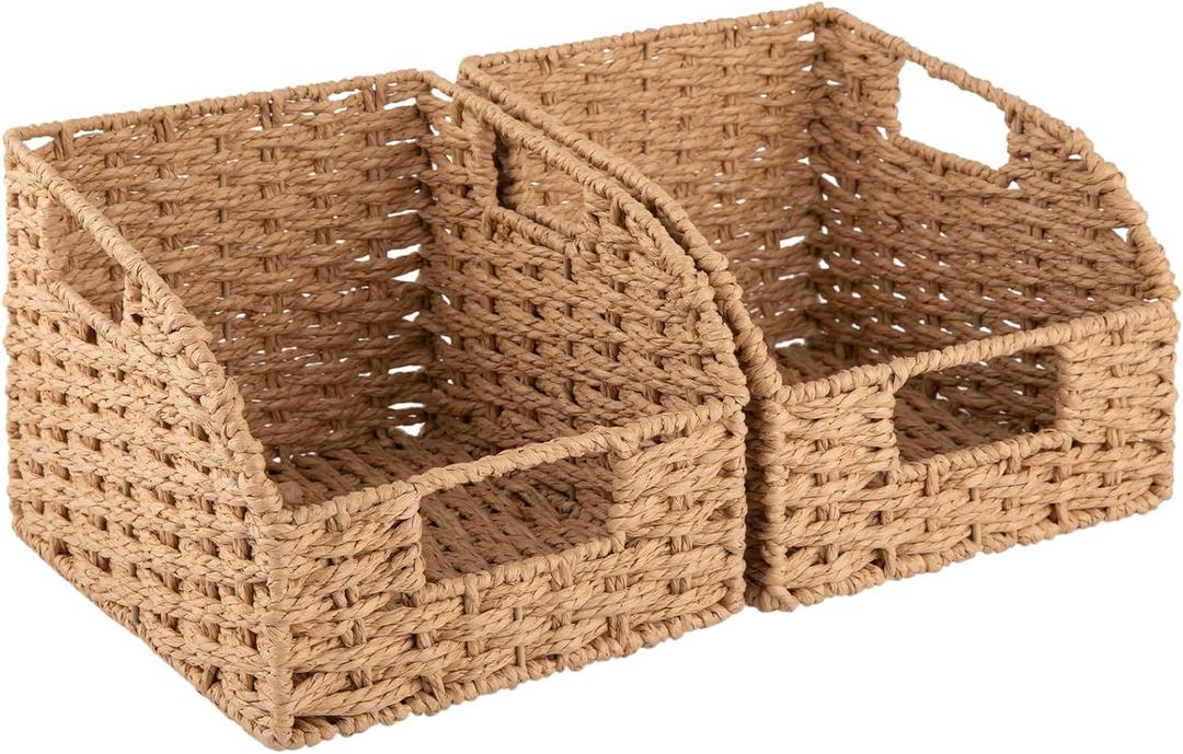 OIAHOMY Pantry Baskets for Organizing, Paper Rope Baskets with Built-in Handles, Wicker Storage Bins for Shelves, 2 Pack-Yellow (Natural)