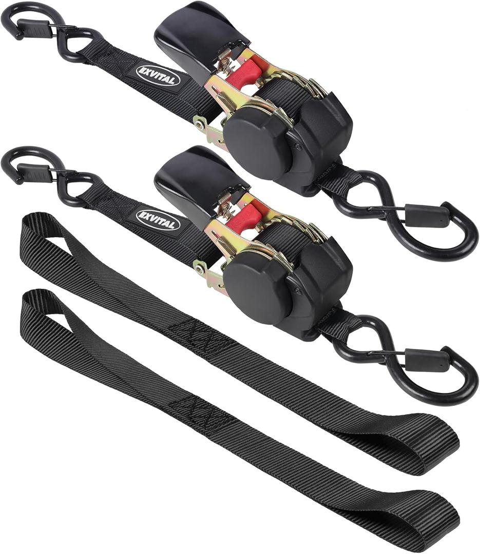EXVITAL Retractable Ratchet Straps Havy Duty 1200lbs Break Strength Retractable tie Down Straps Auto self retracting Ratchet Straps for Truck, Cargo Trailer, Motorcycle,112ft Black