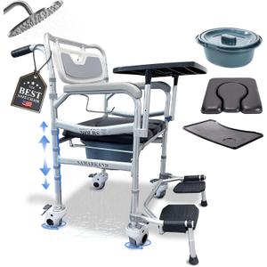 SAMARKAND 3 in 1 Commode Shower Chair with Wheels + Wheelchair Tray + Footrest – Rolling Shower Chair for Elderly and Disabled - Bedside Commode Toilet - Shower Wheelchair - Toilet Riser with Handles