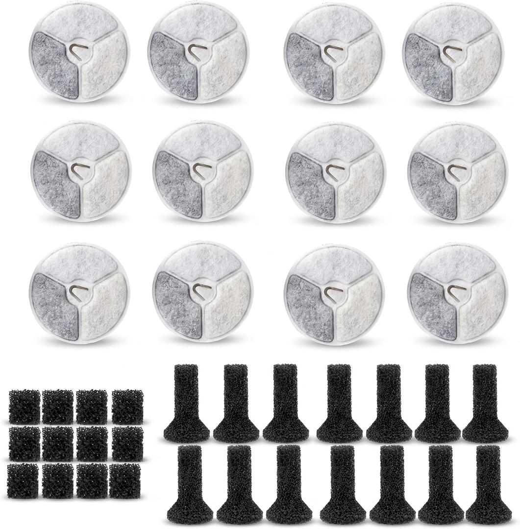 Water Fountain 12 Packs Dog Water Fountain Filters & 12 Packs Pump Filters Sponges Replacement&12Packs Sponge Stick, Pet Water Fountain Filter
