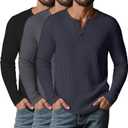 3 Pack Men’s Waffle Henley Shirts, Long Sleeve Button Tops Casual Basic T-Shirts Lightweight Knit Pullover Large