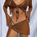 Women's 2 Pieces Outfits Mesh Perspective Suit Swimming Beach Long Sleeve Crop Top and Mini Skirt Set (Brown, S)