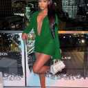 Women's Sexy Long Sleeve Two 2 Pieces Outfits Sheer Mesh Mini Dress Skirt Set Top V Neck Backless Ruched Bodycon Cover Up (Green, XL)