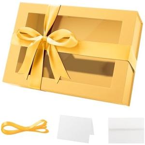 PACKQUEEN Large Yellow Gift Box with Window, 13.5x9x4.1 Inches Clear Mothers Day Gift Box for Present Contains Ribbon, Card, Bridesmaid Proposal Box with Magnetic Lid (Matte Yellow)