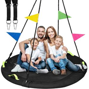 HeyZoo Tree Swing, 60 inch Larger Saucer Swing for Whole Family, 900lbs Weight Capacity, with Adjustable Hanging Straps, for Outdoor Backyard, Gifts for Kids, Black