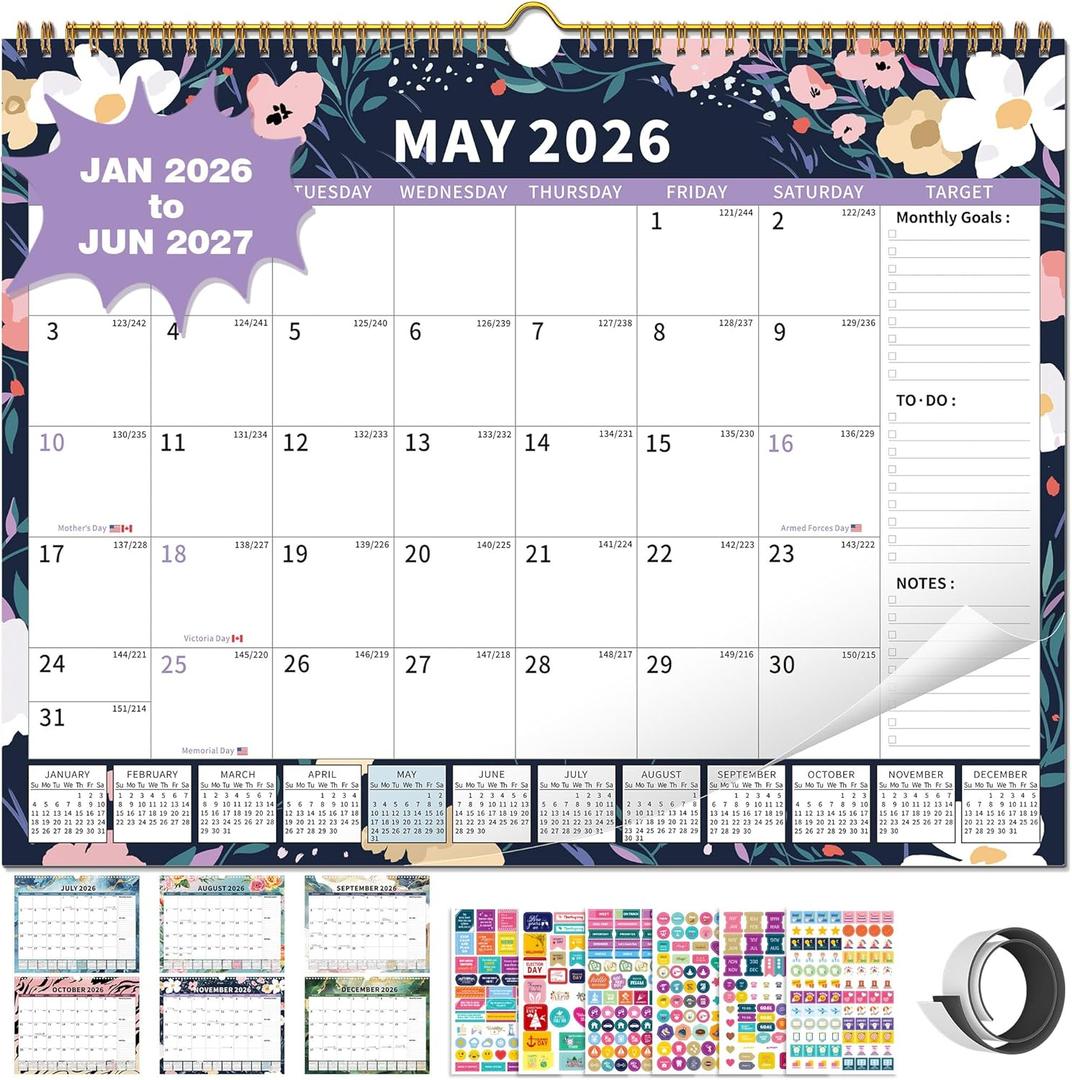 Calendar 2026-2027 Planner Wall Hanging Spiral Bound 18-Month Calendars with Stickers and Magstrip Marble (15"  12")
