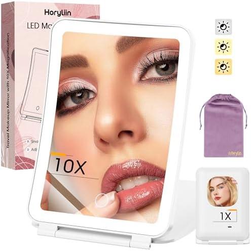 10X/1X Magnification Lighted Makeup Mirror with Lights, Rechargeable Magnifying Mirror with 80LED&2000mAh Battery, Portable Travel Vanity Mirror with 3 Colors Dimmable Lighting, Travel Essentials
