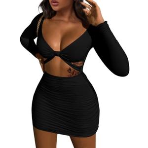 XXTAXN Women's Sexy Bodycon Deep V Neck Long Sleeve Cut Out Club Mini Dress Black M