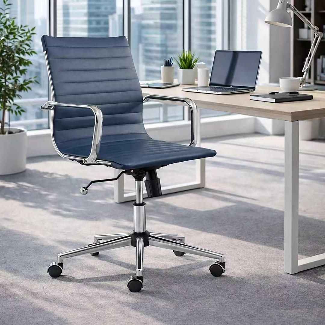 Office Chair, PU Leather Mid Back Swivel Desk Chair,Navy | Ribbed padded seat, adjustable height, swivel wheels and armrests for conference rooms, executive offices and home desks, Navy 
