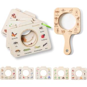 Magnifying Glass for Kids Wooden Montessori Educational Explore Toy Magnifying Glasses and Wood Bug Cards for Outdoor Adventure Birthday Gift for Boys Girls Ages 3+