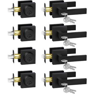 Matte Black Door Locks for Front Door, Exterior Door Lock Set with Single Cylinder Deadbolt Lock, Flat Square Door Handle for Front Door, 4 Pack (All Same Keyed Alike)