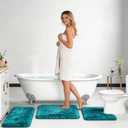 Shaggy Bathroom Rugs Set Plush Velvet Bath Rugs Non-Slip Bath Mat Set 3 Piece,Washable Mats,Absorbent Shaggy Rugs Super Soft U-Shaped Toilet Rug,Bahroom Carpets for Bathroom,Tub,Shower(Teal Blue
