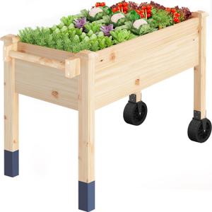 Wood Raised Garden Bed with Legs on Wheels, Elevated Raised Planter Box with Rolling Wheel Outdoor Standing Planters for Patio Herb Deck