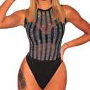 SEBOWEL Women Sleeveless Bodysuit Studded Mesh See Through Jumpsuits Rompers Top, Black, XL