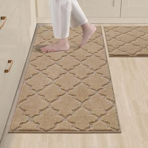 COSY HOMEER Soft Kitchen Rugs [2 PCS] for in Front of Sink Super Absorbent Kitchen Floor Mats and Mats 20x30 Inch/20X48 Non-Skid Kitchen Mat Standing Mat Washable,Polyester,Beige