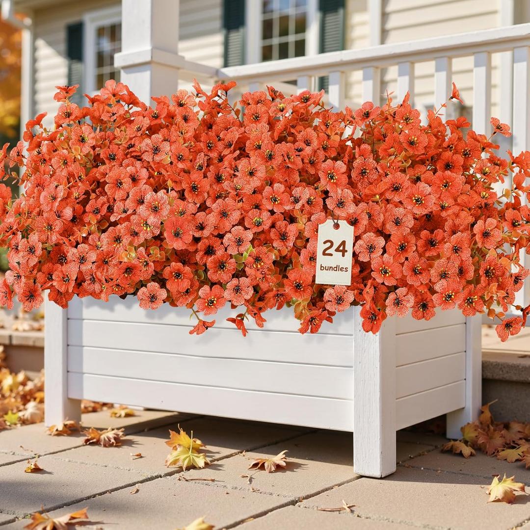 2 x Alupssuc 24 Bundles Artificial Fall Mums Flowers for Outdoors Decoration, UV Resistant Silk Violet and Faux Eucalyptus Autumn Fake Plants for Outside Indoor Yard Home Patio Porch Decor, Fall Red