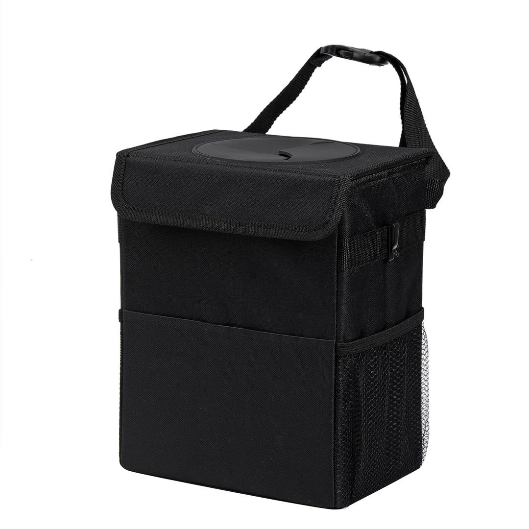 Car Garbage can with lid Leak Proof Vehicle Trash Can 3 Storage Pockets Hanging Waterproof car Trash Bag for SUV Black