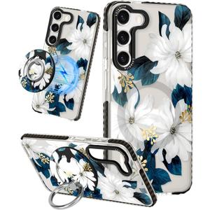 Lotadilo for Samsung Galaxy S23 Plus Case for Women - Girls Cute Design Compatible with Magsafe Magnetic Ring Holder Stand Blue Flower Phone Covers Aesthetic Girly TPU Funda for S23 Plus