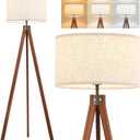 ELYONA Solid Wood Tripod Floor Lamp with 3 Color Temperatures LED Bulb, Mid Century Modern Reading Standing Light Nature Linen Shade Tall Night Light for Bedroom Living Room Office Study Room, Brown