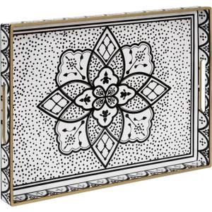 MAONAME Plastic Serving Tray with Handles, Modern Black Tray for Coffee Table, Rectangular Trays with Flower Pattern, Decorative Trays for Ottoman, 15.8" Lx 11.8" W X 1.6" H