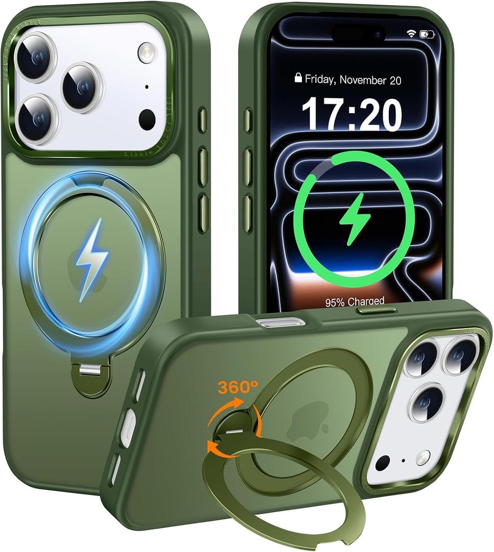 360° Spin Magnetic Stander for iPhone 17 pro max Case [Compatible with Magnetic] [Built-in Kickstand] Mil-Grade Protective, Matte Non-Slip for iPhone 17 pro max Phone Case(Green)