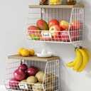 Goozii White Fruit Storage Basket for Kitchen Counter Set of 2, Wall Mount Wire Fruit Basket with Shelf with Banana Hanger, Hanging Countertop Organizer for Bathroom Pantry Cabinet, White + Natural
