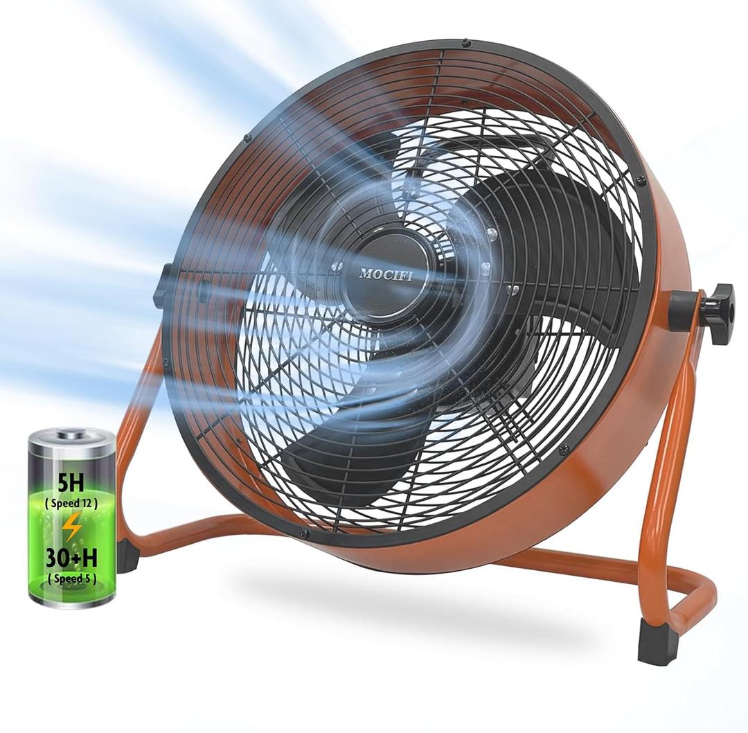 Battery Operated Fan 12-Speed Rechargeable Floor Fan High Velocity Portable Cordless Outdoor Fan, USB Output For Phone, for Camping, Travel, Patio, Indoor, Orange, 12 Inch