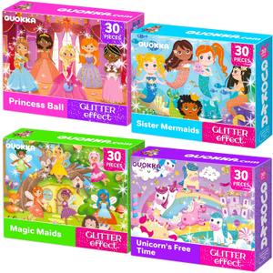 QUOKKA Puzzles for Toddlers 3-5 Shimmer 4-Pack 30 Pieces Puzzles for Kids Ages 2-4 - Fairy Tale Jigsaw Set with Princess Unicorns for Kids 4-6 Years, Gift for 3 Year-Old Boy Girl, FSC Certified Toy