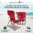 CARIBBEAN JOE Folding Beach Chair, 4 Position Portable Backpack Foldable Camping Chair with Headrest, Cup Holder, and Wooden Armrests, Red 300lbs Capacity