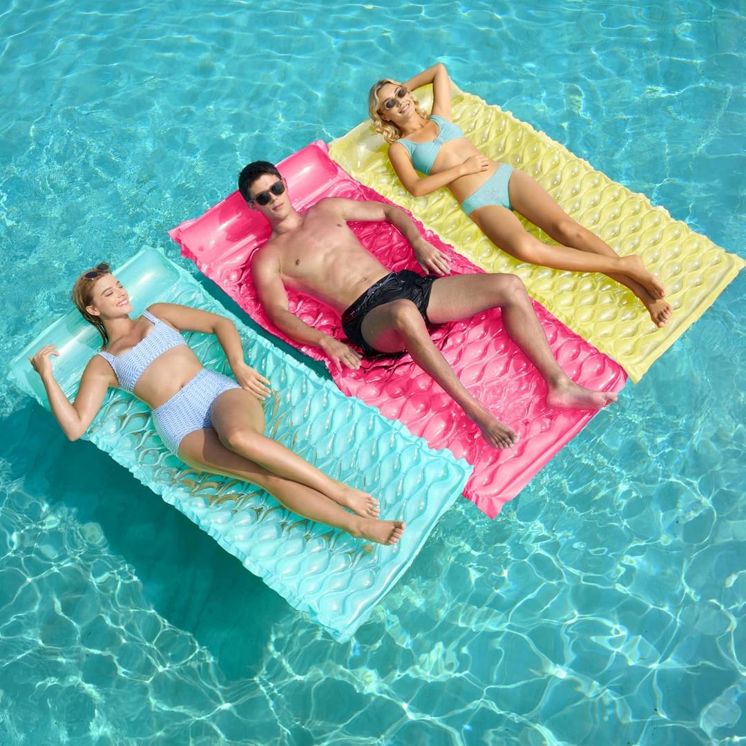 Sloosh 3 Pack Inflatable Pool Mat Swimming Pool Mattress Float Lounge with Headrest, Pool Float Air Mat for Adults 64x32 inch, Medium