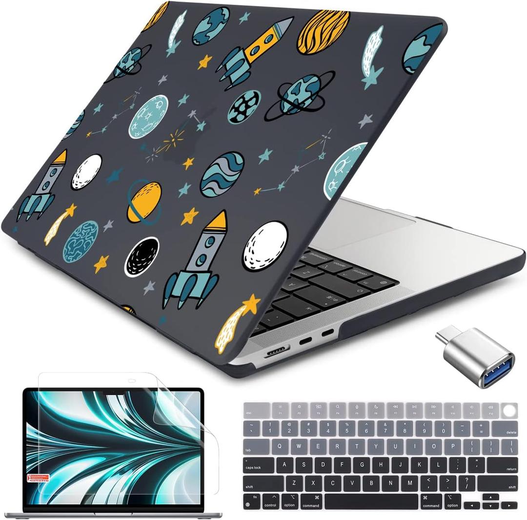 Batianda Case for New MacBook Air 13.6 inch 2025 M4 2024 2022 Release Model A3240 A3113 M3 A2681 M2, Designed Protective Hardshell Keyboard Cover and USB-C OTG Adapter, Cartoon Spaceship