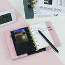 Koqye A7 Leather Binder 6-Ring with Zipper Pocket, Include Dividers & Refills Stickers, Black Refillable Planner Cover with Pockets (Black & Pink)
