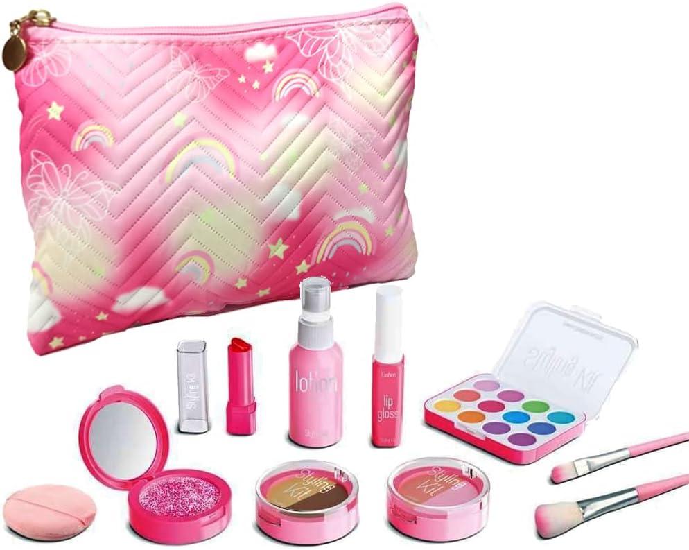 Pretend Makeup Kit for Girls, 11 Pcs Kids Cosmetic Pretend Play Beauty Make Up Set, Not Real Eye Shadow Blush Palette Lipstick wit Hand Bag, Pink