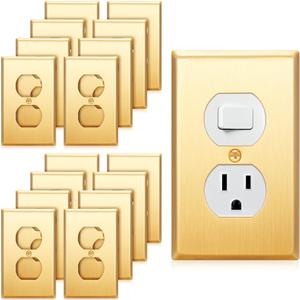 Zonon 16 Pack Gold Outlet Covers 4.50" x 2.76" Duplex Outlet Cover Brass Metal Brushed Decorative Gold Receptacle Wall Plate Corrosion Resistant, Standard Size, Brushed Brass