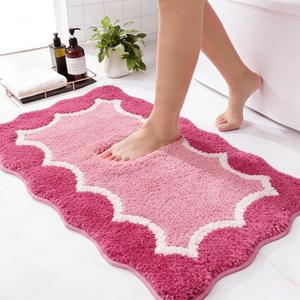 Wylumen Cute Scalloped Rose Pink Bathroom Rugs Mat, Non Slip Absorbent Quick Dry Bath Mats for Shower Room, Microfiber Bath Mats for Bathroom Floor Washable Carpet for Shower Tub Sink Bedroom, 20"x32"