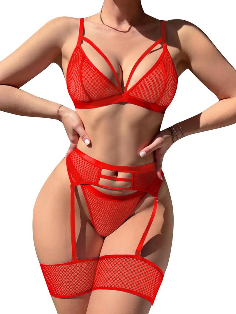 popiv Women's Sexy Lingerie Set with Garter Belt Matching Bra and Panty Lingeries Sets 4 Piece (Red, XL)