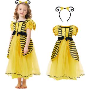 Bee Costume Kids Girls Funny Animal Costume Suit Yellow Princess Dress Headband Halloween Outfit Cosplay Fancy Dress (2X-Large/150)