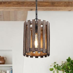 Farmhouse Rustic Pendant Light, 1-Light Round Cage Pendant Lighting Fixture with Adjustable Chain for Kitchen Island Hallway Dining Room Bar, Solid Wood (6.88'' x 8.66'')