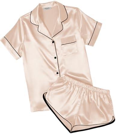 Ekouaer Womens Silk Satin Pajamas Short Sleeve PJS Shorts Set Soft Button Down Sleepwear 2 Piece Loungewear S