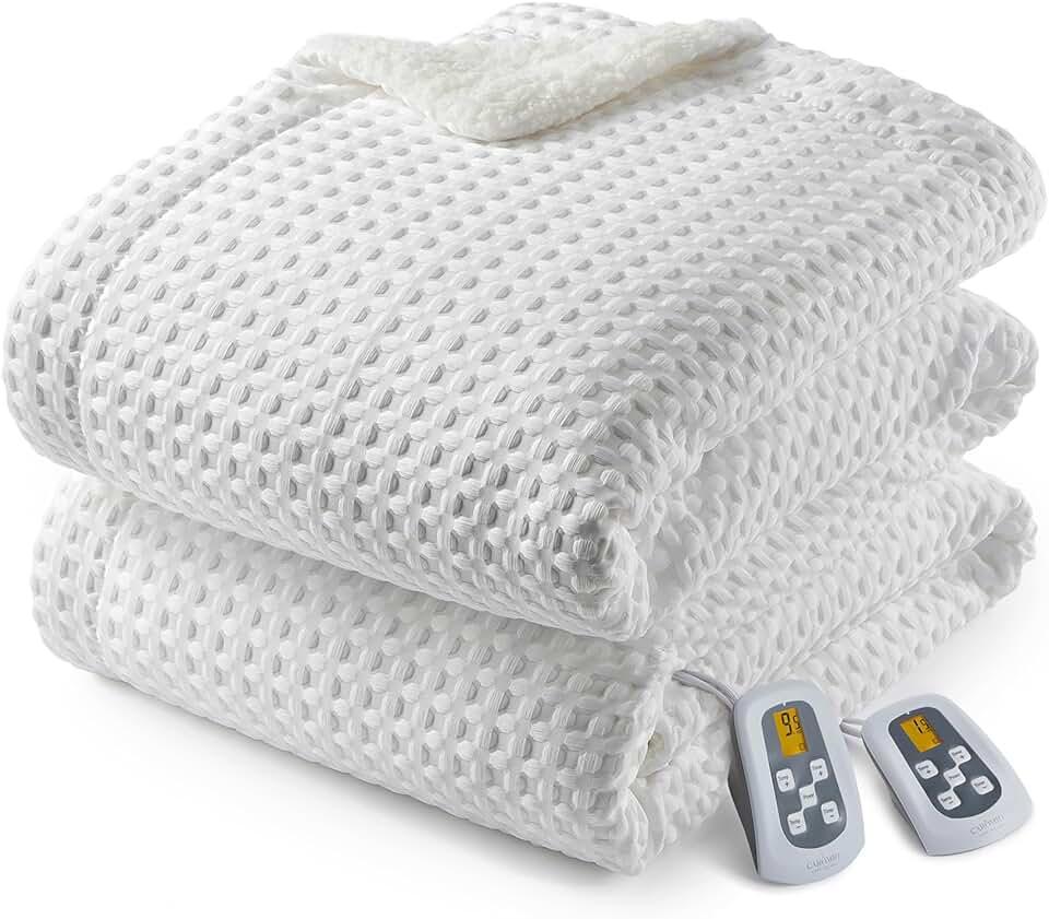 CAROMIO Heated Blanket King Size with LCD Dual Controller, Waffle Weave Fast Heating Electric Blankets, 10 Heat Levels & 1-12H Time Settings, ETL Certified, Machine Washable, Off White, 100" x 90" OEKO-TEX STANDARD 100