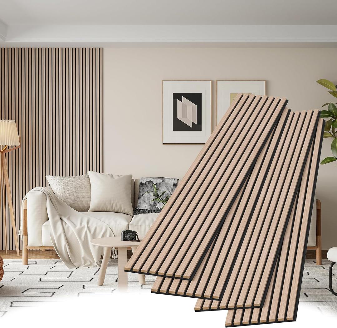 Wood Slat Wall Panels, 4 Pack Accent Decorative Acoustic Wood Slats for Wall and Ceilings, Acoustic Panels for Interior Wall Dcor on Felt Back Board, Natural, 8 x 1 ft