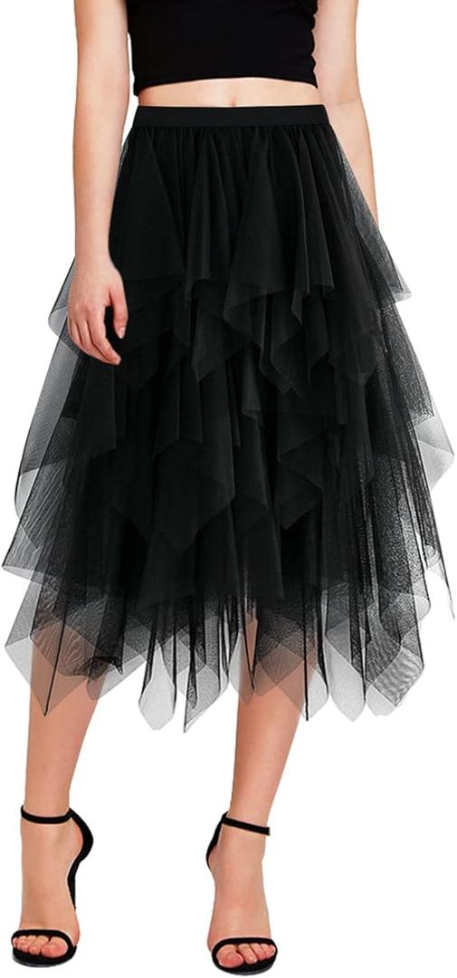 Tulle Skirts for Women Mesh Tiered Layered Tutu Skirt, High Low Elastic Waist Party Midi Tulle Skirt, Size 2