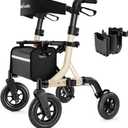 MAXWALK Walkers for Seniors, Rollator Walker with Seat, 10" Rubber Wheels All Terrain Rollator Walker with Backrest, Aluminum Walkers Built-in Cable, Foldable and Adjustable Height for Seniors, Beige