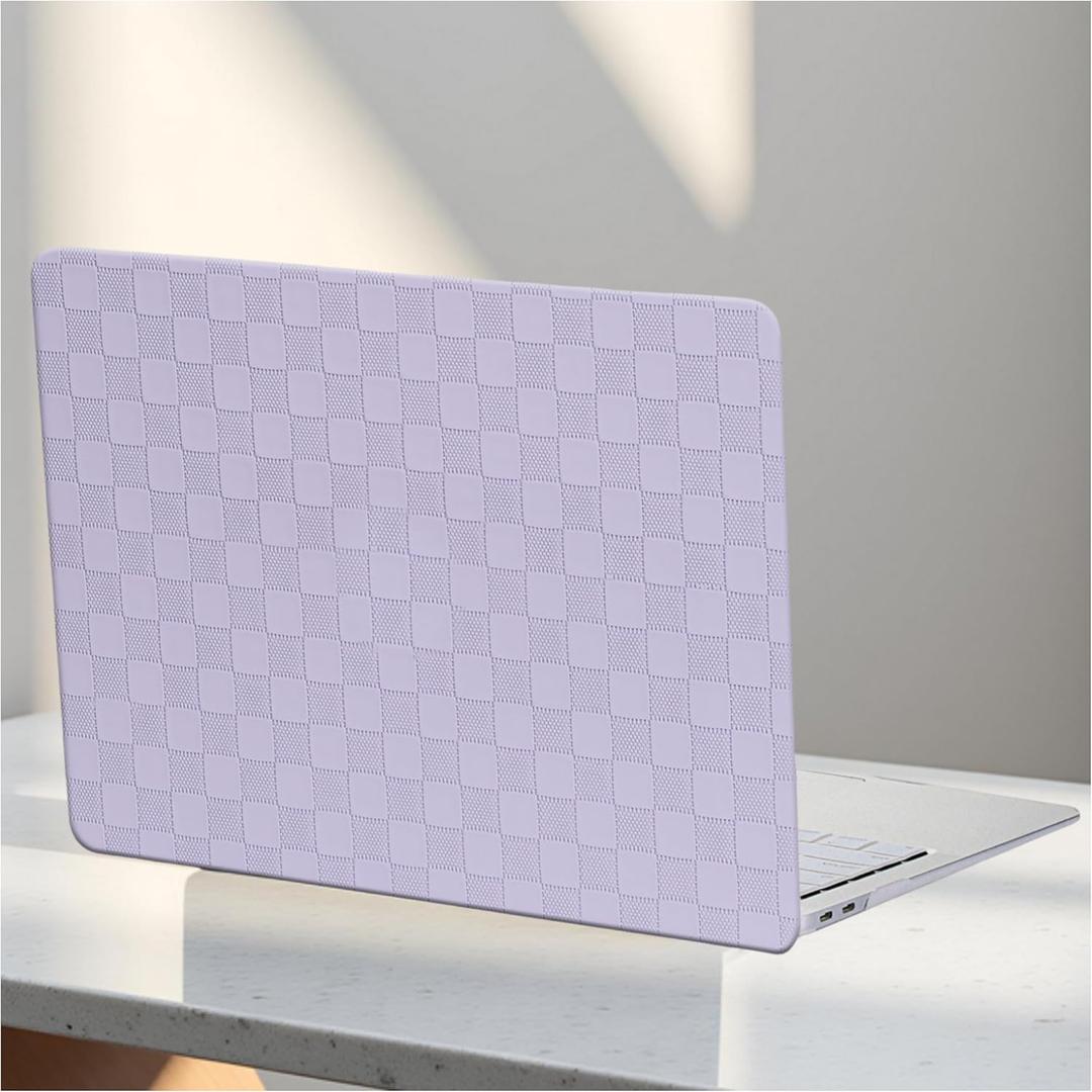 BYCeKe for MacBook Pro 14 inch Case 2026-2021 M5 M4 M3 M2 M1 A3434 A3112 A3185 A3401 A2918 A2992 A2779 A2442,Checkered Textured Cream Leather Hardshell & Keyboard Cover for Mac Pro14, Checkerd Lavender