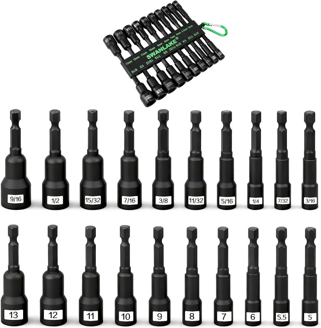 Magnetic Nut Driver Set, 20-Piece Metric & SAE 1/4" Hex Shank, Drill Socket Set, Impact Driver Bit Sets, Magnetic Bit Holder with Aluminum Alloy Snap Clip, 65mm Long Hex Bits, Quick Change Tool