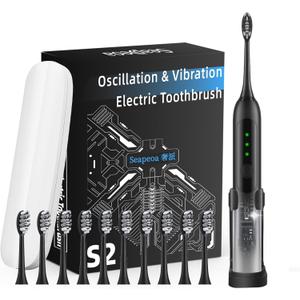 Seapeoa Adult Sonic Electric Toothbrush with 10 Brush Heads, Travel Case, and Wall Bracket, Suitable for Both Adults and Kids, IPX8 Waterproof, USB Charging, 42000VPM, Black